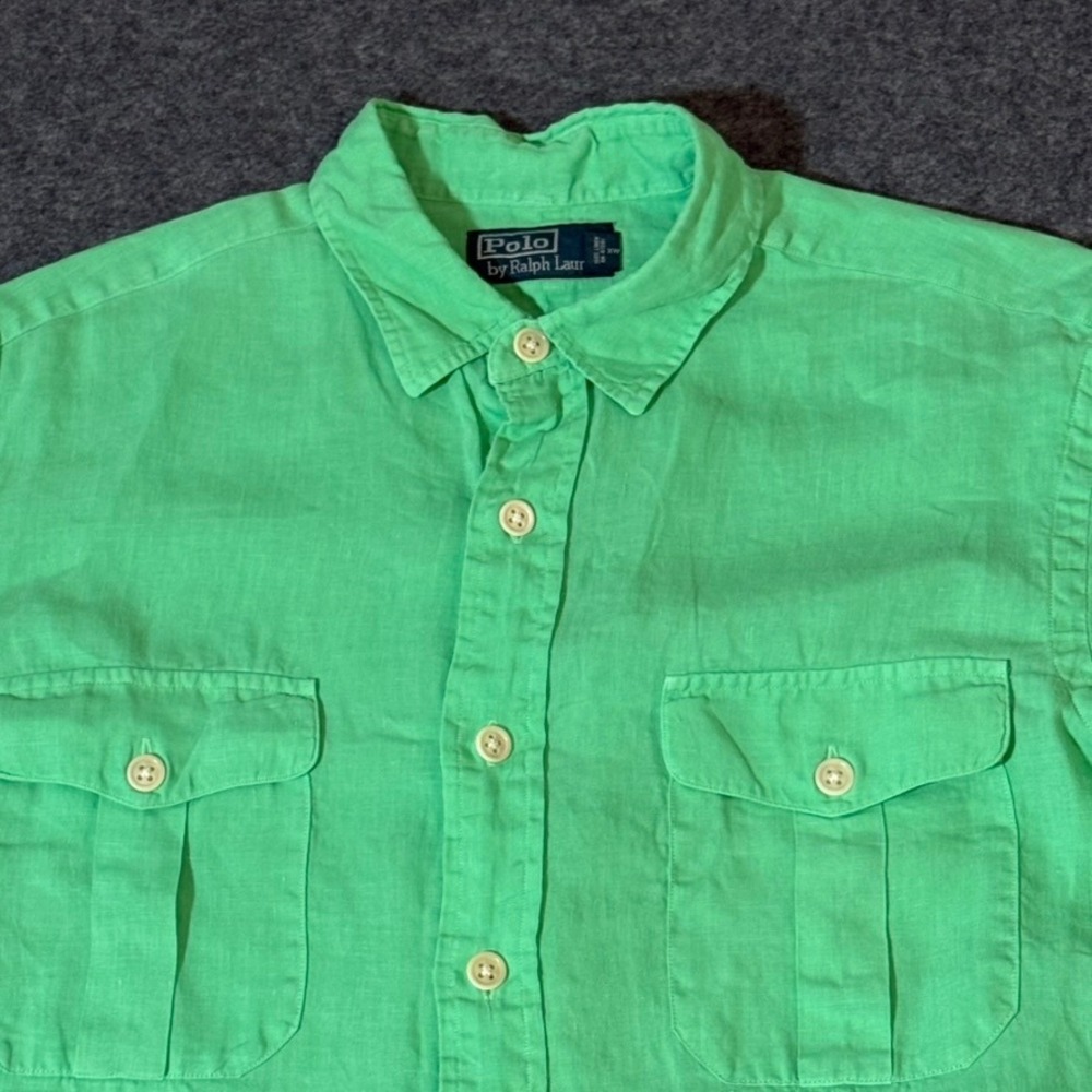 Polo Ralph Lauren Mens Medium Lime Green 100% Linen Button Down Utility Shirt - Picture 3 of 8